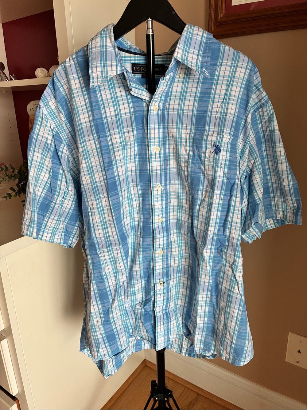 U.S. Polo Assn Mens XXL Blue White Plaid Short Sleeve Button Down Cotton Shirt